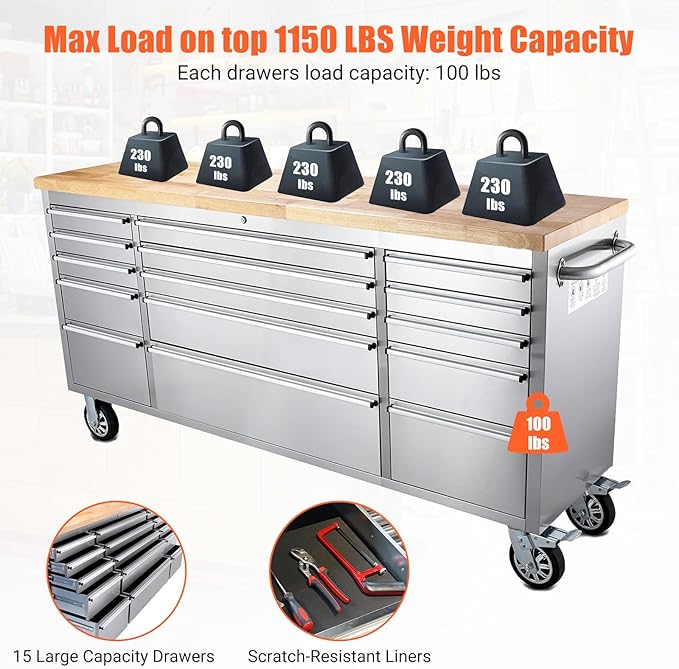 Heavy Duty 72-Inch Rolling Tool Chest with 15 Drawers & Rubber Wood Top, Stainless Steel Mobile Workbench Cabinet, Lockable Drawers & Casters for Garage, Workshop - Silver Finish
