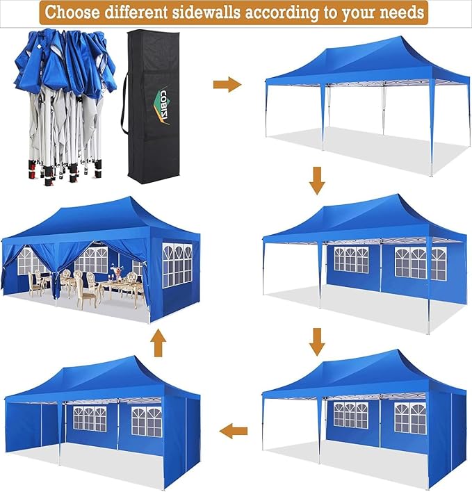 COBIZI 10x20 Pop Up Canopy with 6 Sidewalls,10x20 Canopy Tent Frame Upgraded with 3 Adjustable Heights,Waterproof UV50+ Outdoor Party Commercial Ez Up Gazebos with Carry Bag(10 x 20 ft Blue)