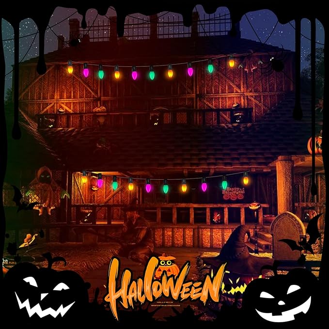 C7 Outdoor Halloween Lights Waterproof, 25Ft LED Outdoor Halloween Decorations Lights with 27 C7 Orange, Purple and Green Bulbs, Hanging Backyard Light for Roofline Garden Patio Holiday Pathway Porch