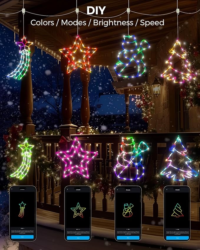 12'' Smart Christmas Window Lights 4 Pack, Color Changing Window Silhouette Lights, Timer, App Control, Music Sync, Xmas Trees, Snowmen, Star, Lighted Christmas Decorations for Indoor Outdoor