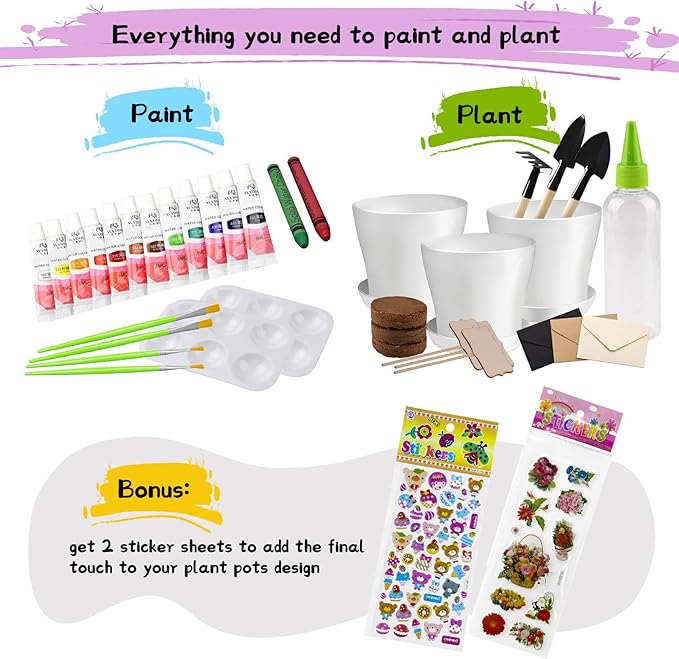 Paint & Plant Children’s Gardening Kit for Girls Boys Toys Garden Flower Gardening Gift for Kids Flower Pots Seeds Art Craft Grow Garden Planting Set for Kids Age 4 5 6 7 8 9 10 11 12 13 14 Years Old
