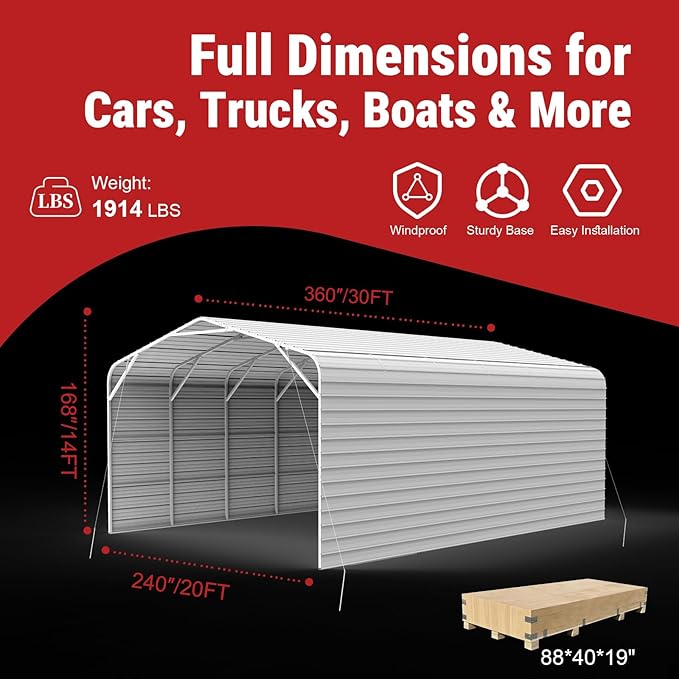 30x20FT Heavy-Duty Galvanized Metal Garage, All-Steel Enclosed Carport with Side Panels, Large Outdoor Vehicle Shelter and Car Shed for Trucks, SUVs, Boats & RVs, Steel Canopy Storage Building