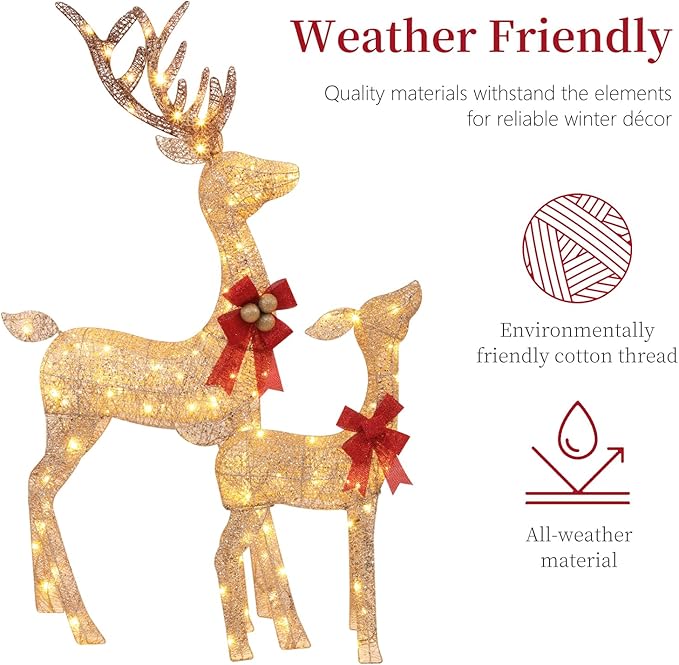 3-Piece Lighted Christmas Deer Family - HOLILITE 4.5ft 3D Pre-Lit Reindeer Outdoor Decorations with 210 LED Lights, Yard/Garden/Patio Holiday Display - Gold