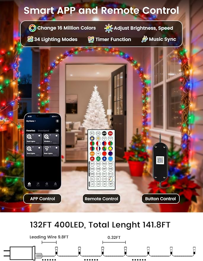 Smart Color Changing Christmas Lights with Remote & APP, 142FT 400 LED RGB Dimmable Christmas String Lights, Waterproof Fairy Twinkle Light for Indoor Outdoor Xmas Tree Wedding Holiday Decorations
