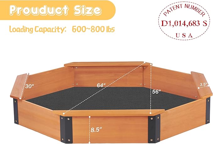 64''x56''x8.5'' Octagon Sandbox with Cover for Kids Outdoor Play, Wood Large Sandpit with 4 Benches, Quick Easy Install, US. Patented