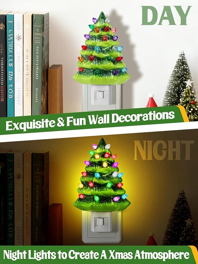 Bigmeta 2 Pack Vintage Christmas Tree Night Light Decor - 360° Rotating Plug Resin Decorations for Home Bedroom Bathroom Christmas Holiday Gifts, Green