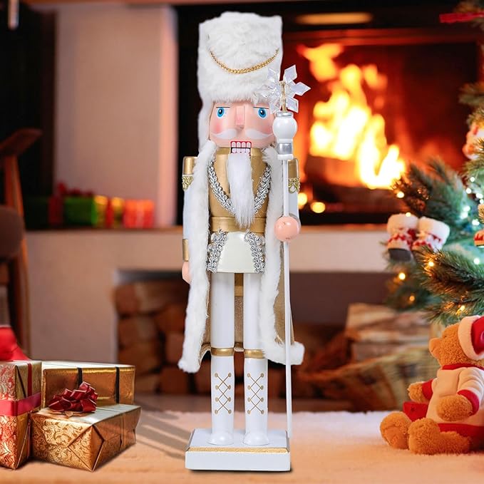 Christmas Nutcracker Decorations Nutcracker Figure 15 Inch Wooden Nutcrackers Collectible Ornament Nutcracker Soldier for Table Desktop Home Christmas Decor Xmas Indoor Decor White King