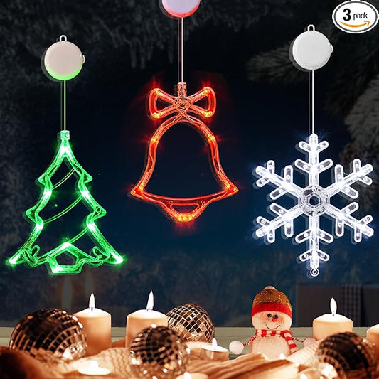 LOLStar Christmas Window Decorations,3 Pack Jingling Bell,Christmas Tree,Snowflake Christmas Window Lights with Suction Cup, Timer Function & Slow Fade Mode Battery Operated Indoor Lights