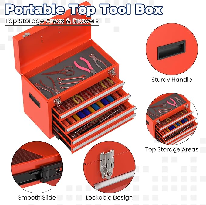 Rolling Tool Box with Wheels, 5-Drawer High Capacity Tool Chest with Wheels, Removable Storage Toolbox with Lock for Garage, Workshop (Red)