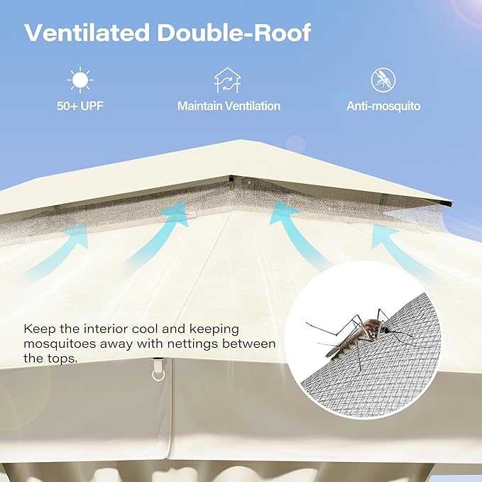 LAUSAINT HOME 10x13ft Outdoor Patio Gazebo with Double Roof, Heavy Duty Waterproof Gazebo Canopy Tent with Mosquito Netting for Backyard, Garden, Lawn & Wedding, Cream White