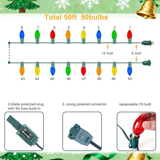 C9 LED Outdoor Christmas Lights,C9 String Lights with Quick Clips,for Xmas House Roof Gutter,Plug in & Connectable,50FT 50 Light,Multicolor