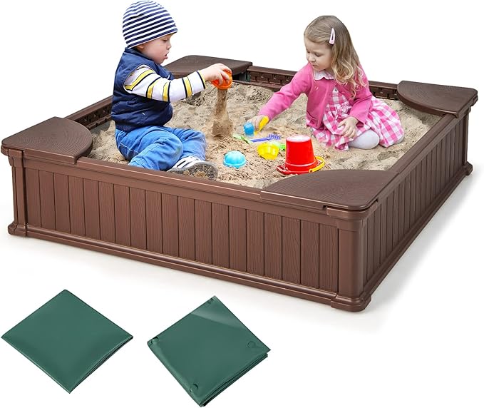 Costzon Kids Sandbox with Cover, 4ft x 4ft HDPE Sandpit with Oxford Cover, Bottom Liner, 4 Corner Seats, Weather Resistant Outdoor Sand Pit for Backyard Lawn Garden Beach (Dark Brown)
