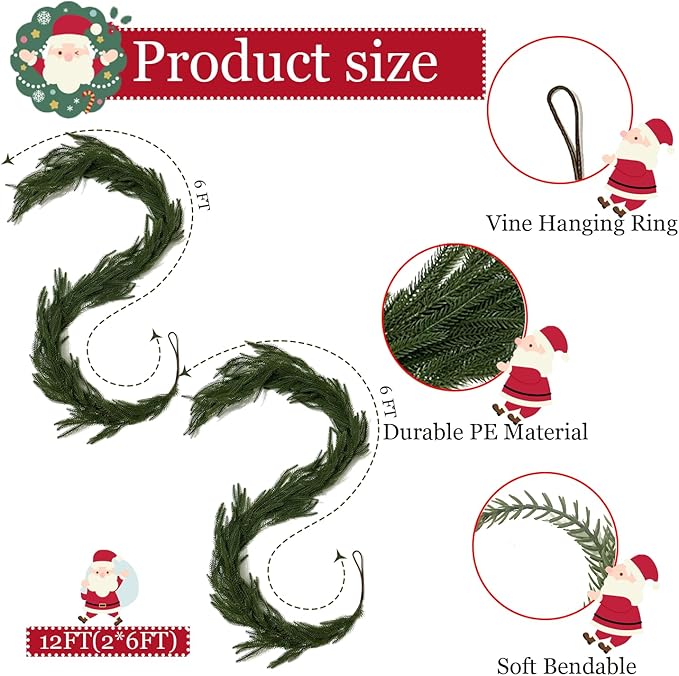 6 Ft 2 Pcs Artificial Norfolk Pine Garlands, Realistic Pine Garland, Green Artificial Greenery Garland for Table, Mantle, Wall, Indoor, Outdoor Winter Christmas Decorations