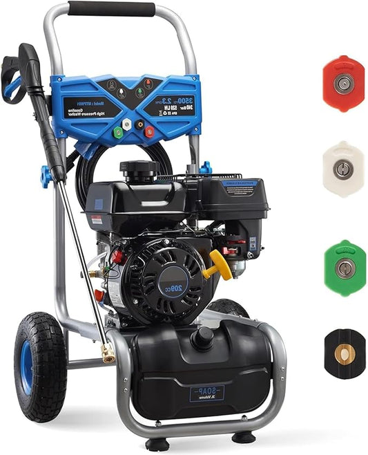 Gas Pressure Washer, 3500 PSI 2.3 GPM Power Washer with 209CC Engine, 4 Quick-Connect Nozzles, 25FT Hose, 3L Soap Tank, High Pressure Washer for Car, Driveway, Fence, Patio, Home Cleaning