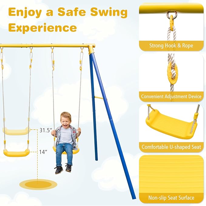 Costzon 440 lbs Swing Set for Backyard, 2-in-1 Heavy Duty Extra Large Metal Swing Frame w/2 Swings, Glider, Adjustable Hanging Ropes, Outdoor Playset Great Gift for Kids