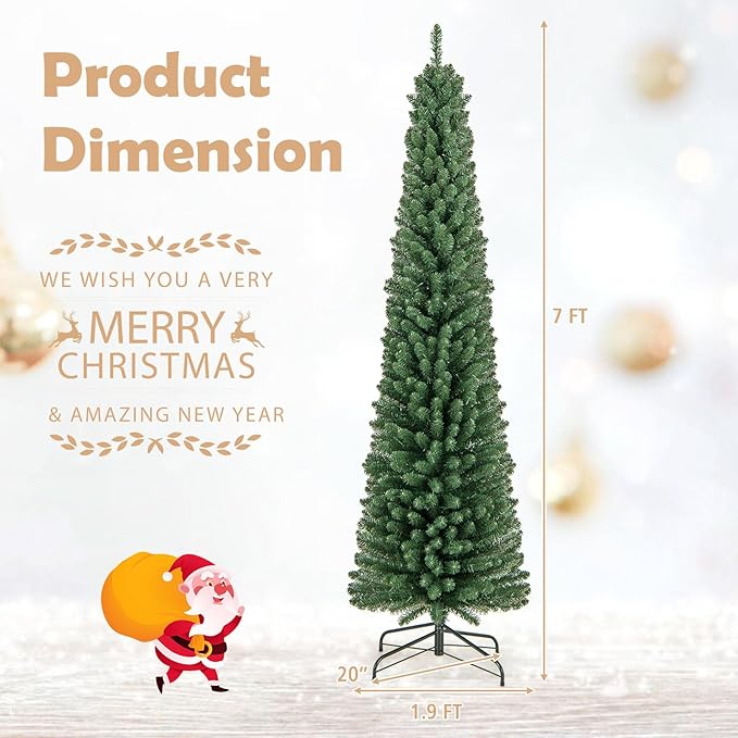 GOFLAME 7FT Prelit Pencil Christmas Tree, Slim Artificial Xmas Tree with 523 Memory Wire Branch Tips, 190 Warm White LED Lights & Upgraded Metal Stand, Seasonal Holiday Decoration Tree for Home Party