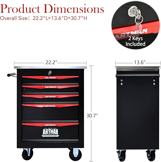 RYH 4/5/6/7 Drawers Rolling Tool Chest -Heavy Duty Mobile Metal Tool Box with Locking Wheels, with Stainless Steel Worktop, Garage Tool Storage Cabinet (Black, 5-Drawers 30.7 H¡¿22.2 W)