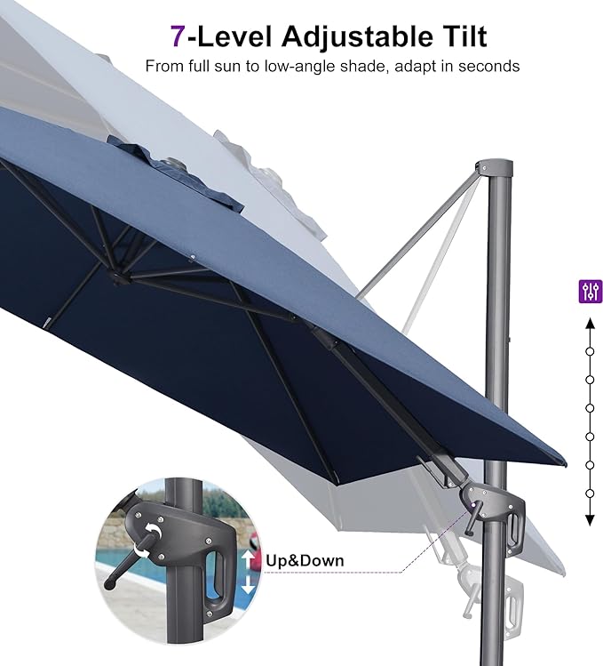 PURPLE LEAF 10' X 10' Swivel Outdoor Patio Aluminum Umbrella with Base Left-right Tilting Cantilever Offset Umbrella with UV Resistant Heavy Duty Fabric for Deck Pool Patio Backyard, Graphite Grey