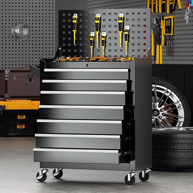 INTERGREAT 7 Drawers Rolling Tool Box with Pegboard,Portable Tool Chest with Wheels, Tool Box Organizer with Locking System for Garage(Black)