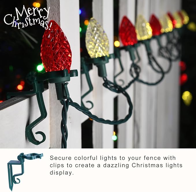 C9 LED Outdoor Christmas Lights,C9 String Lights with Quick Clips,for Xmas House Roof Gutter,Plug in & Connectable,132FT 200 Light,Red White Faceted