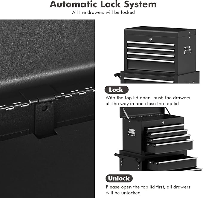 Goplus Rolling Tool Chest, 6-Drawer Tool Box Organizer w/Auto Locking System & Lockable Wheels & Sliding Drawers & Detachable Top, Tool Storage Cabinet for Garage Workshop (Black) ¡¦