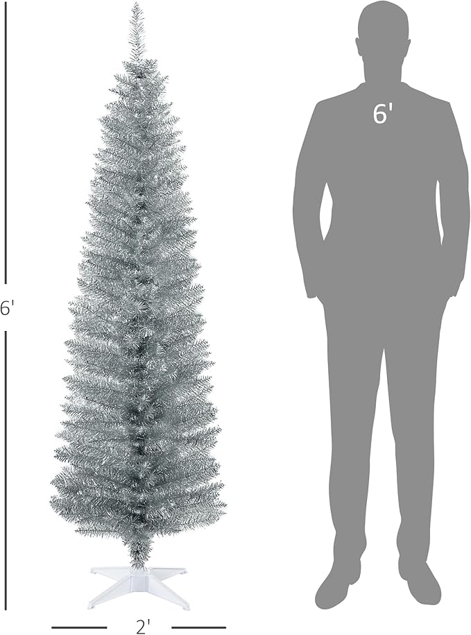 HOMCOM 6' Artificial Pencil Christmas Tree, Slim Xmas Tree with 390 Realistic Branch Tips and Plastic Stand, Silver