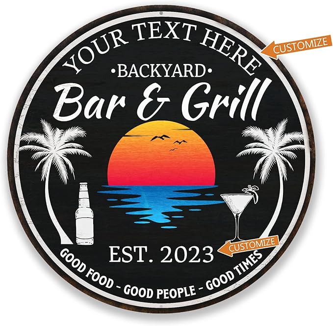 Personalized Backyard Bar & Grill Sign, Bar Sign, Wall Decor, Tropical Sign, Beach Wall Art, Patio Plaque, BBQ, Made in USA 14" 100140050007
