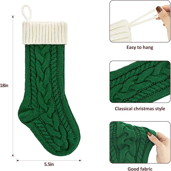 Personalized Christmas Stockings 18 Inches Large Size Cable Knitted Stocking Gift and Decorations for Holiday Family Xmas Party (Green and White, Pack of 2)
