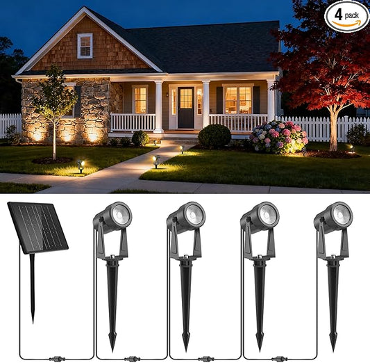 ZYAN Solar Landscape Spot Lights Outdoor 24ft Cable 6W Monocrystalline Panel & USB-C Powered 5400mAh All-Night Lighting Auto Dusk to Dawn IP65 Waterproof Warm White LED Uplights for Yard Pathway Trees
