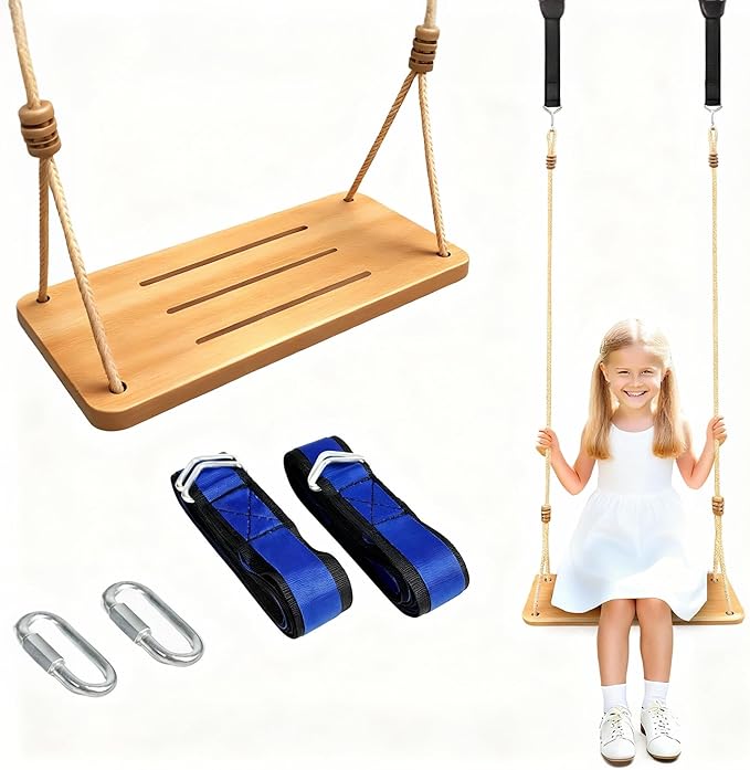 500LBS Waterproof Wooden Swing Seat Hermetic Oil Sealing for Outdoor Indoor, 16 x 7 x 0.8 Adjustable Hanging Tree Straps for Adults & Kids, Bamboo Wood Swing Set Accessories for Backyard Playground