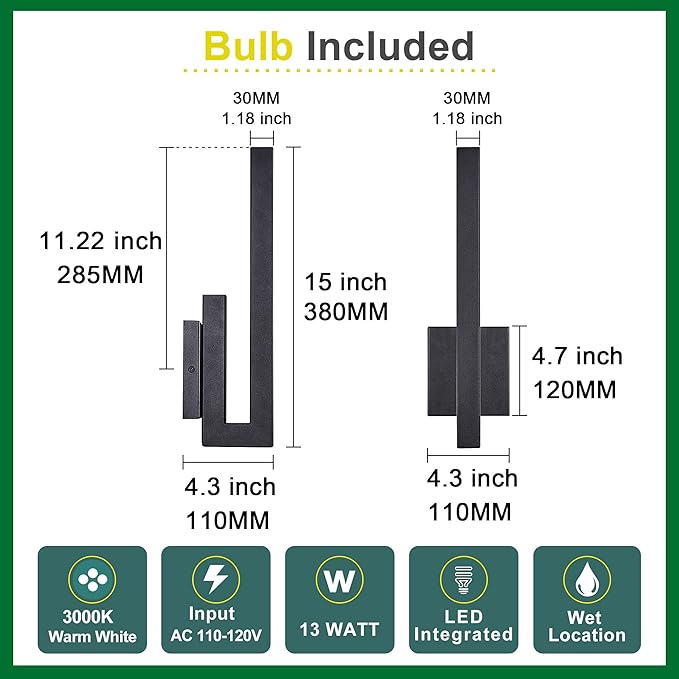 15" Ht Modern Minimalist Linear Outdoor Wall Light,3000K 13W Integrated LED,Textured Black Anti-Rust Metal,Wet Rated for Exterior House, Porch & Patio,Garage,Yard Front Door,Garden.