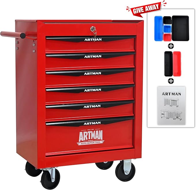 RYH 6 Drawers Rolling Tool Chest - Heavy Duty Mobile Tool Cart with Locking Wheels & Ball Bearing Drawers, 30.5 H x 20.9 W x 13 D Garage Tool Storage Cabinet (Red, 6 Drawers)