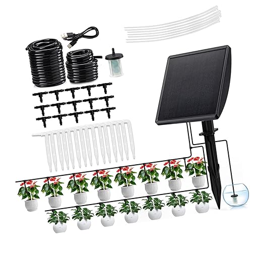 Automatic Plant Waterer Indoor, Drip Irrigation Systems for Potted Plant, Solar Powered Vacation Plant Watering Devices with Battery Alerts and Timer for for Housplants, Garden Irrigation