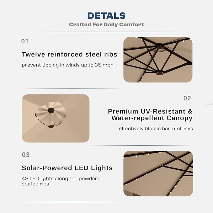 13FT Double-Sided Patio Umbrella with 48 Solar LED Lights, Large Rectangular Outdoor Market Umbrella with Crank Handle, Vented Canopy, Heavy-Duty 12 Rib Steel Frame, for Backyard, Garden, Pool, Beige
