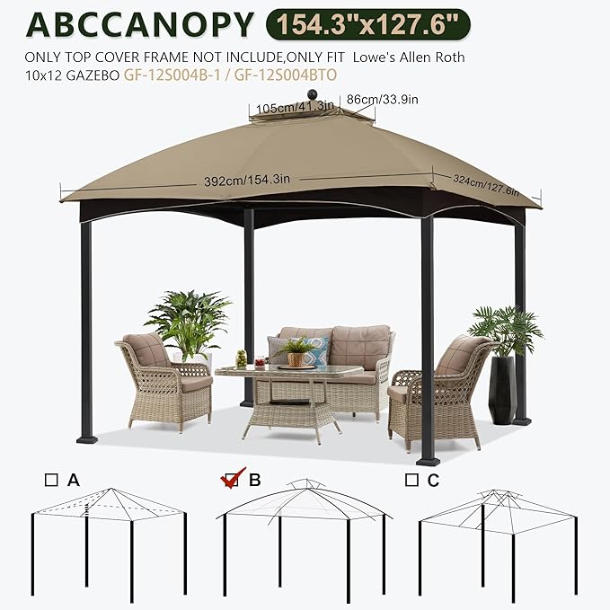 ABCCANOPY Riplock Gazebo Replacement Canopy Top for Lowe's Allen Roth #GF-12S004B-1, Khaki