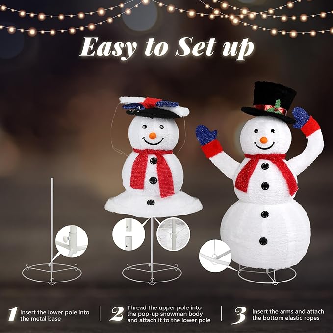 VINGLI 4FT Lighted Snowman Christmas Decorations w/ 120 LED Lights, Auto Take on/Off Hat, Pop-up Snowman Ornaments with Ground Stakes for Outside Holiday Indoor Decor