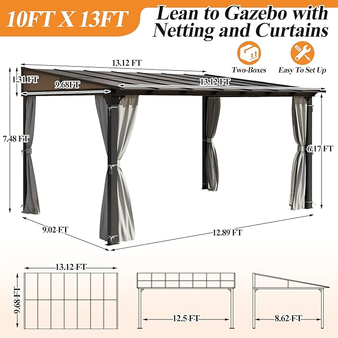 GARTOO 10’ x 13’ Gazebo for Patio - Aluminum Lean to Gazebos Pergola with Sloping Roof, Outdoor Wall-Mounted Canopy Awnings to House for Patio, Garden, Lawn, Backyard Deck