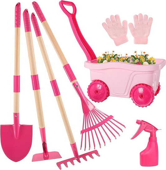 Duckura Kids Gardening Tools Set - 7pcs Wheelbarrow Set for Kids with Shovel, Rake, Leaf Rake, Summer Outdoor Yard Digging Weed Toys, Christmas Birthday Gifts for Boys Girls Age 2 3+ Years Old(Pink)