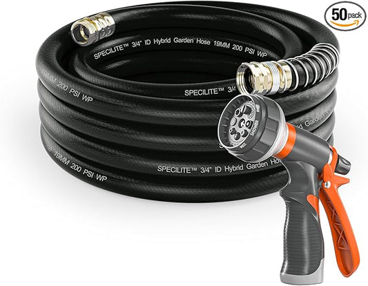 SPECILITE Garden Water Hose 50 ft x 3/4 in Heavy Duty, Flexible and Lightweight, Burst 600 psi, Kink-less Hybrid Rubber Pipe for Backyard, 3/4'' Brass Fittings, Black