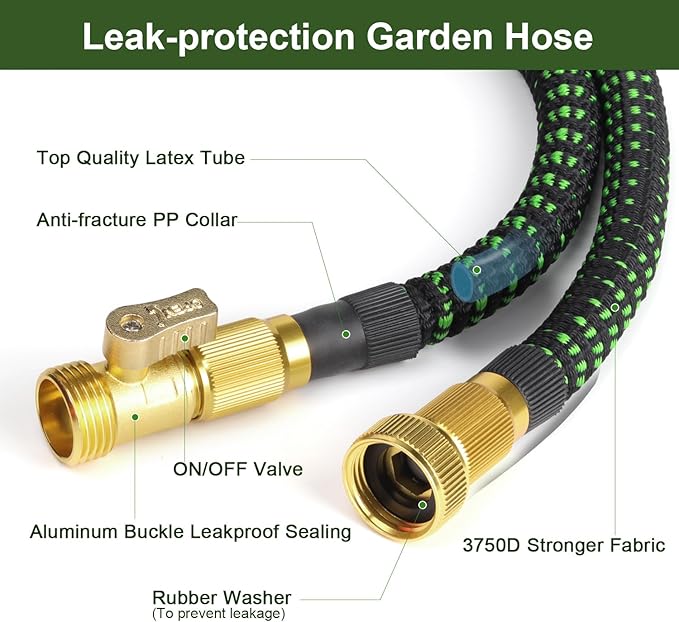 Expandable Garden Hose 50 FT, Water Hose with 10-Function High-Pressure Spray Nozzle, Heavy Duty Flexible Hose, 3/4 Solid Brass Fitting