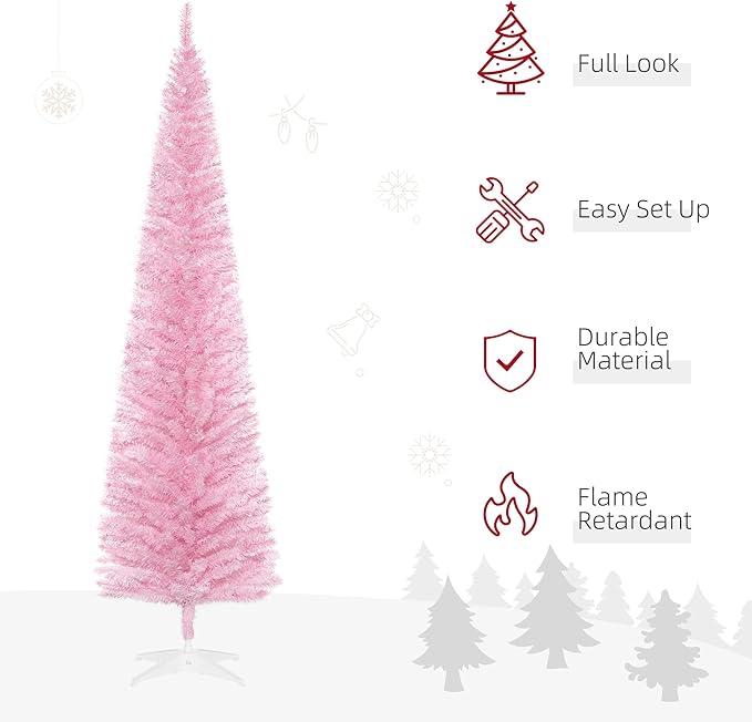 HOMCOM 7' Artificial Pencil Christmas Tree, Slim Xmas Tree with 499 Realistic Branch Tips and Plastic Stand, Pink