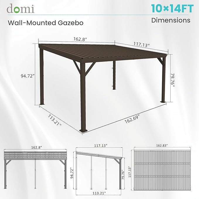 Domi 10' x 14' Lean to Gazebo, Wall Mounted Gazebos Pergola with Built in Drainage System, Galvanized Steel Roof, Hardtop Patio Shelter for Deck, Porch, Backyard and More,Brown