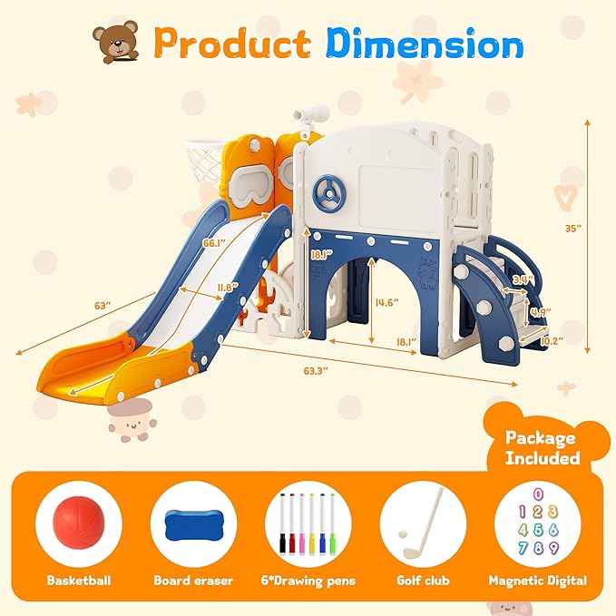 10-in-1 Toddler Slide Playset,Indoor Playground for Kids 1-3 and Toddler Outdoor playset with Golf Set, Basketball Hoop, Climbing Frame, Drawing Board and Steering Wheel, Yellow & Blue