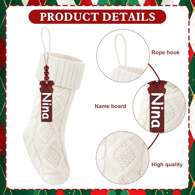 Christmas Stockings 18 Inches,Long Knitted Stocking with Name Tags, Christmas Decoration Hanging Stockings Fireplace Xmas Tree Ornaments for Home Family
