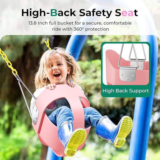 DECORLIFE Toddler Swing - High Back Full Bucket Seat for Ages 1-3, 330lb Capacity, Baby infant Swing Outdoor with Safety Design, Plastic-Coated Chains, Carabiners for Backyard, Playground, Garden-Pink