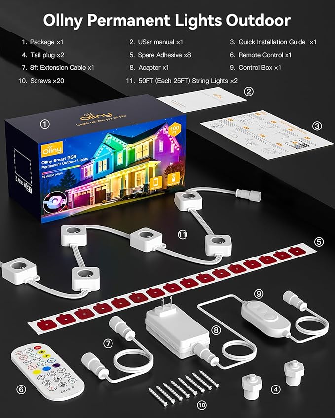 Ollny 50FT 30LED Permanent Outdoor Lights, APP Control RGB Outdoor Lights 100 Scene Modes with Remote, DIY Music Modes Christmas Light for Holiday Xmas Halloween Decorations
