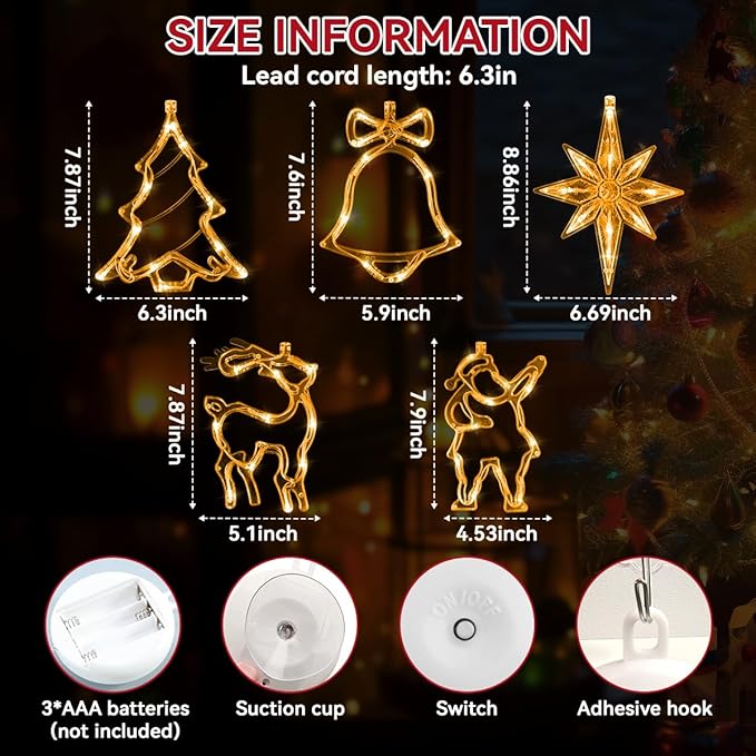 5Pcs Christmas Window Lights, Battery Powered Twinkle Lights Christmas Decorations Indoor Outdoor for Wall Door Porch Balcony Glass Decor with Suction Cup & Timer