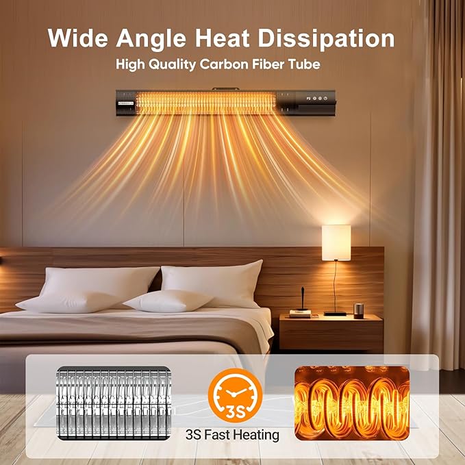YESERLl Electric Patio Heater with Remote Control- 1500w Outdoor Heater Fast Heating with 3 Power Setting, Wall Mounted Carbon Infrared Heater Quiet - IP65 Waterproof and 24H Timer for Snow Outdoor