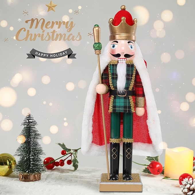 Christmas Nutcracker Decorations Nutcracker Figure 15 Inch Wooden Nutcrackers Collectible Ornament Nutcrackers Soldier for Table Desktop Home Christmas Decor Xmas Indoor Decor Checked clothes Red cape