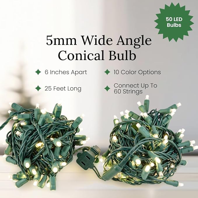 Pro Christmas LED Christmas Lights – 50 Count Wide Angle Conical String Lights – Professional Grade Indoor/Outdoor Commercial Holiday Light Set for Trees, Bushes, & Décor – Pure White and Red